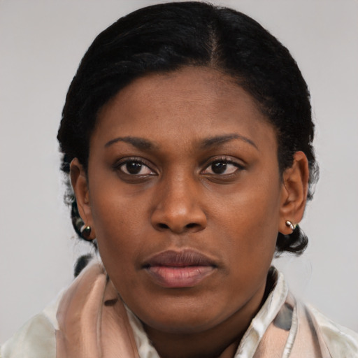 Neutral black young-adult female with short  brown hair and brown eyes