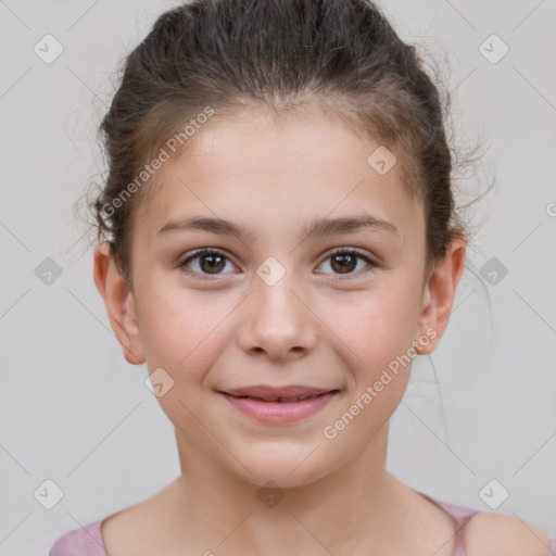 Joyful white child female with short  brown hair and brown eyes