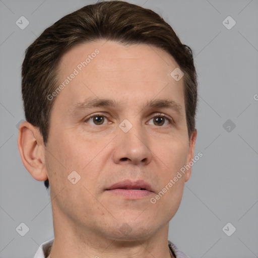 Neutral white adult male with short  brown hair and brown eyes