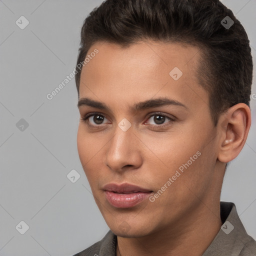 Neutral white young-adult male with short  brown hair and brown eyes