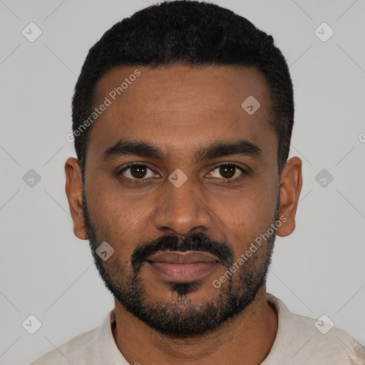 Neutral black young-adult male with short  black hair and brown eyes