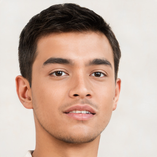 Neutral asian young-adult male with short  brown hair and brown eyes