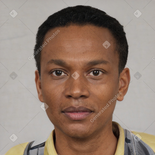 Neutral black young-adult male with short  black hair and brown eyes