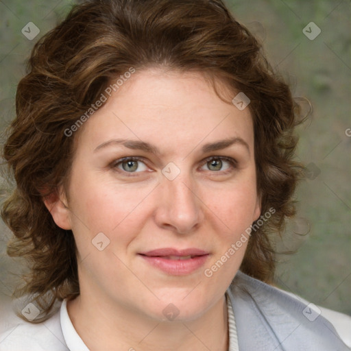 Joyful white young-adult female with medium  brown hair and green eyes