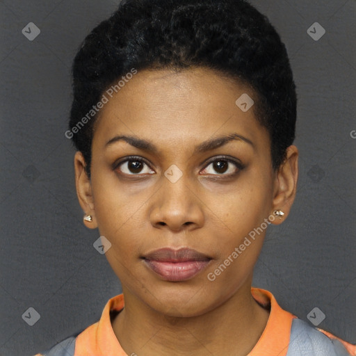 Neutral black young-adult female with short  black hair and brown eyes