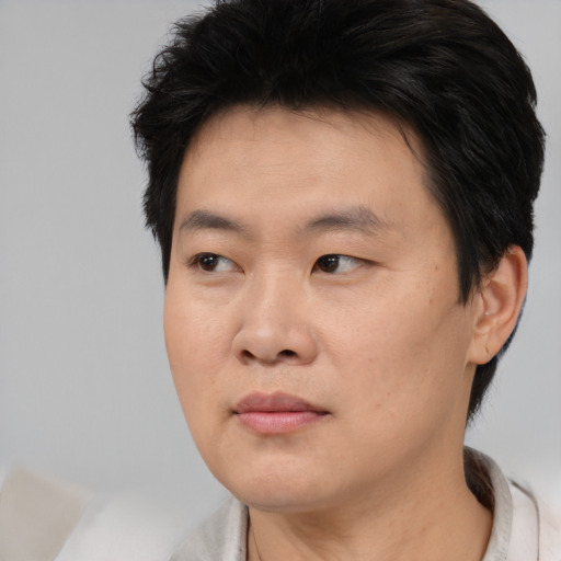Joyful asian young-adult male with short  brown hair and brown eyes