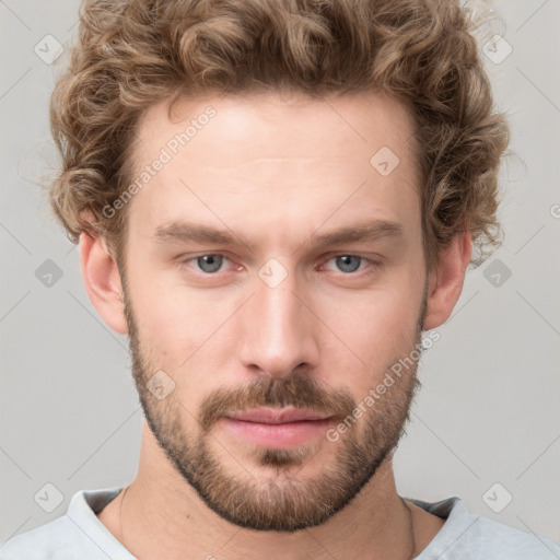 Neutral white young-adult male with short  brown hair and grey eyes