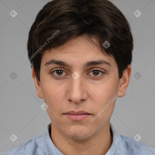 Neutral white young-adult male with short  brown hair and brown eyes