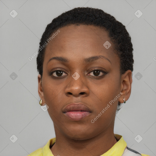 Neutral black young-adult female with short  brown hair and brown eyes