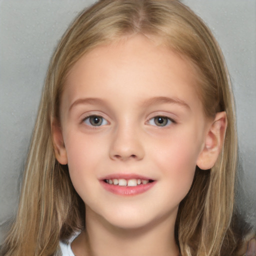 Joyful white child female with medium  brown hair and grey eyes