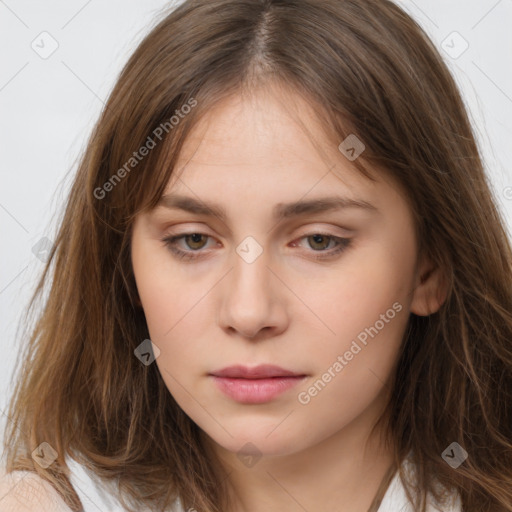 Neutral white young-adult female with medium  brown hair and brown eyes