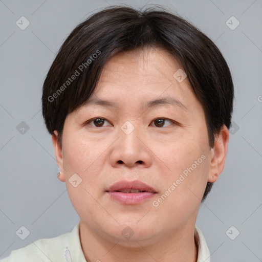 Joyful asian adult female with short  brown hair and brown eyes