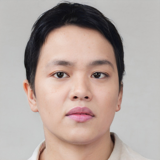 Neutral asian young-adult male with short  black hair and brown eyes