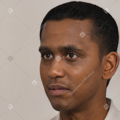 Neutral black young-adult male with short  black hair and brown eyes