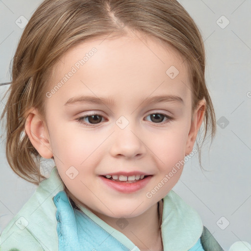 Joyful white child female with medium  brown hair and brown eyes