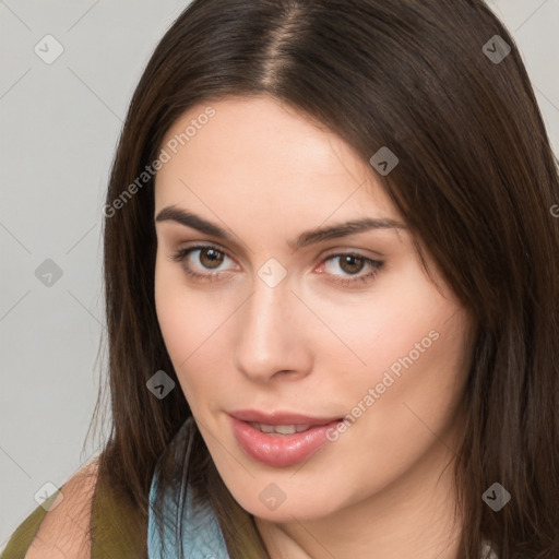 Neutral white young-adult female with long  brown hair and brown eyes