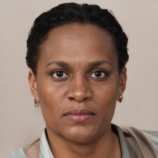 Neutral black adult female with short  brown hair and brown eyes