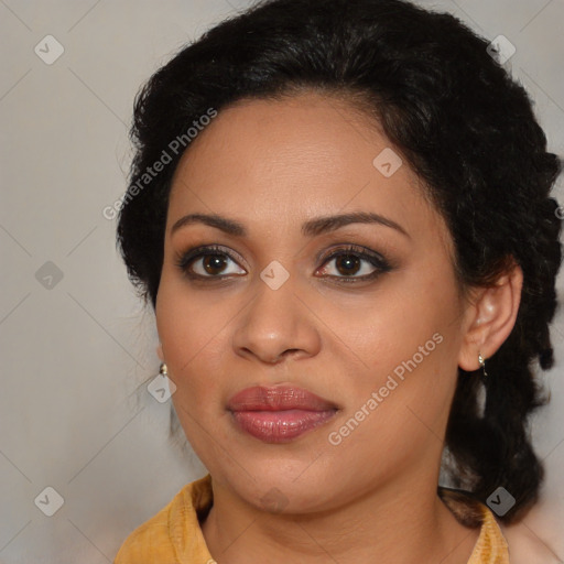 Joyful latino young-adult female with medium  brown hair and brown eyes