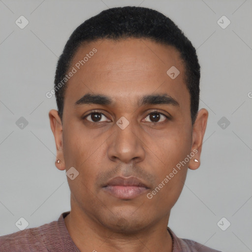 Neutral latino young-adult male with short  black hair and brown eyes