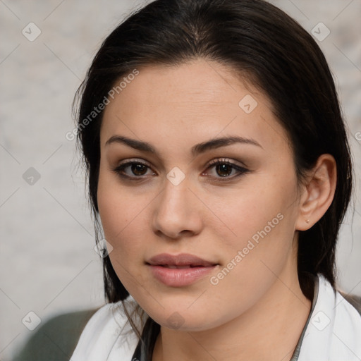 Neutral white young-adult female with medium  brown hair and brown eyes