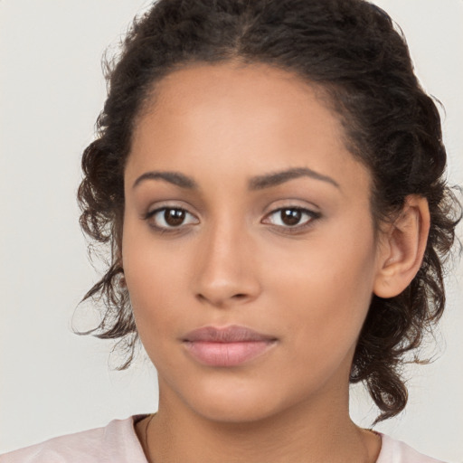 Neutral white young-adult female with medium  brown hair and brown eyes