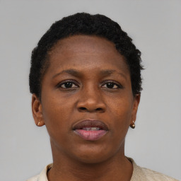 Neutral black young-adult female with short  black hair and brown eyes