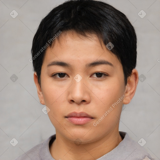 Neutral asian young-adult female with short  black hair and brown eyes