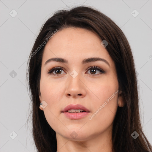 Neutral white young-adult female with long  brown hair and brown eyes