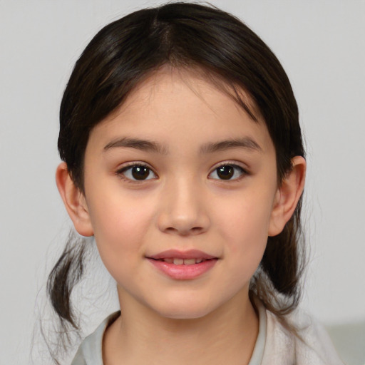 Joyful white child female with medium  brown hair and brown eyes