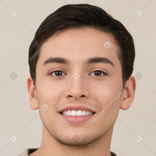 Joyful white young-adult male with short  brown hair and brown eyes