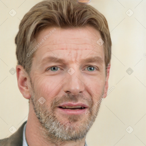 Joyful white adult male with short  brown hair and grey eyes