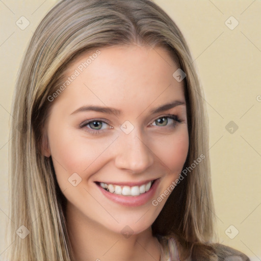 Joyful white young-adult female with long  brown hair and grey eyes