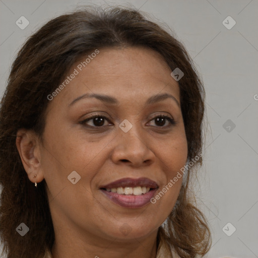 Joyful white adult female with long  brown hair and brown eyes