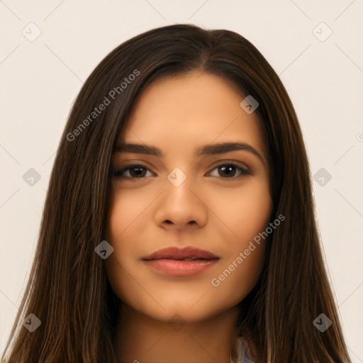 Neutral asian young-adult female with long  brown hair and brown eyes