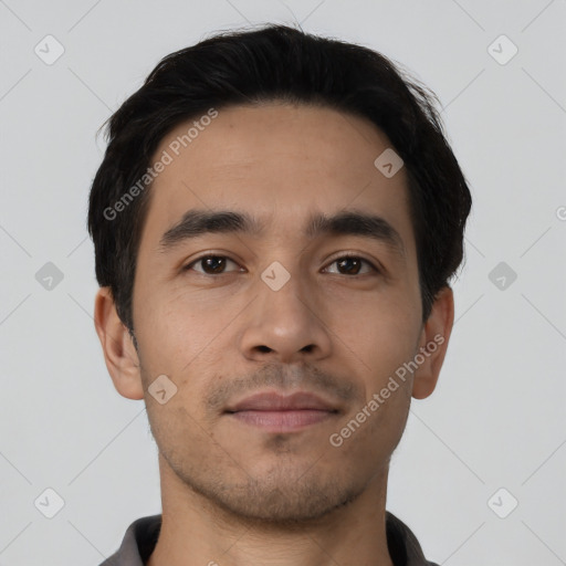 Neutral asian young-adult male with short  black hair and brown eyes