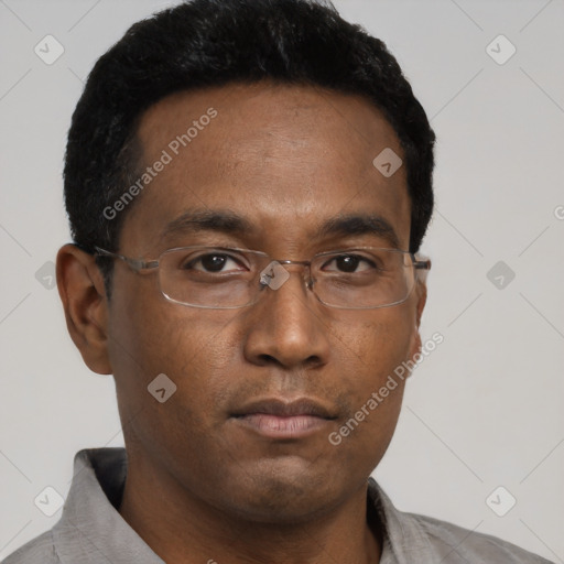 Neutral black young-adult male with short  black hair and brown eyes