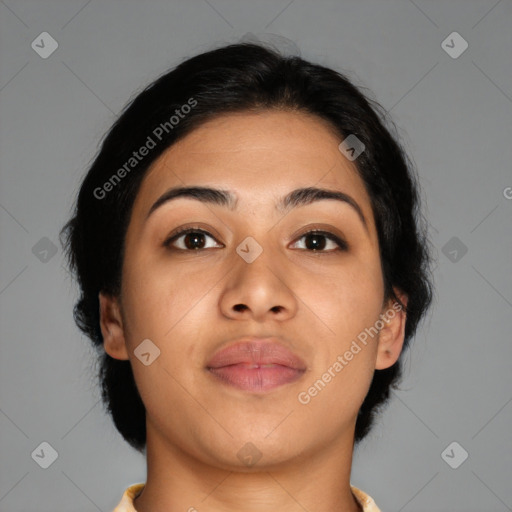 Neutral asian young-adult female with medium  brown hair and brown eyes