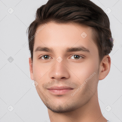 Neutral white young-adult male with short  brown hair and brown eyes