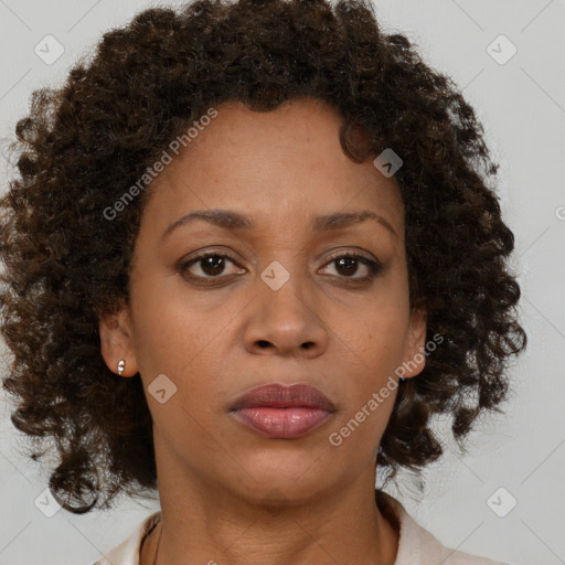 Neutral black young-adult female with medium  brown hair and brown eyes