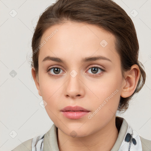 Neutral white young-adult female with medium  brown hair and grey eyes