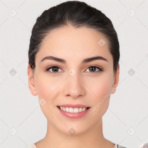 Joyful white young-adult female with short  black hair and brown eyes