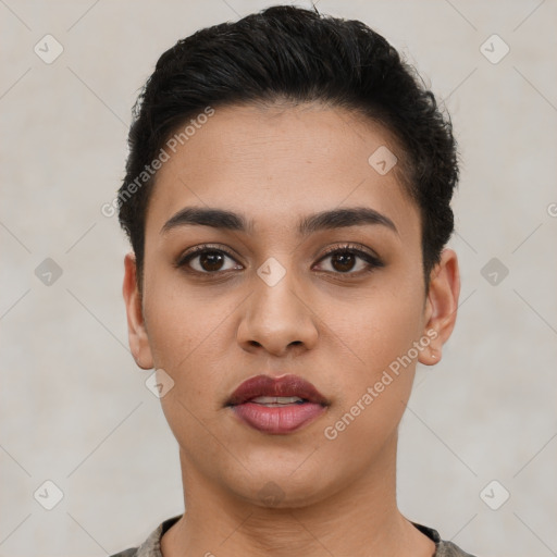 Neutral latino young-adult female with short  black hair and brown eyes