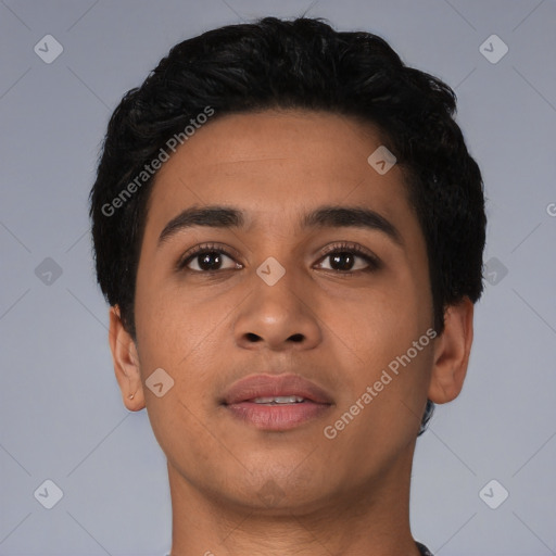 Neutral latino young-adult male with short  black hair and brown eyes