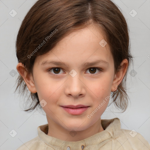 Joyful white child female with medium  brown hair and brown eyes