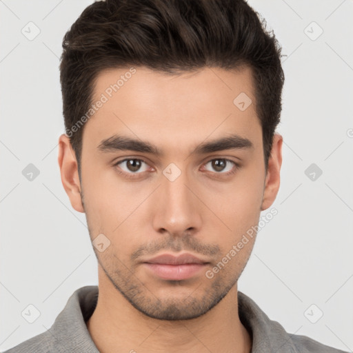 Neutral white young-adult male with short  brown hair and brown eyes