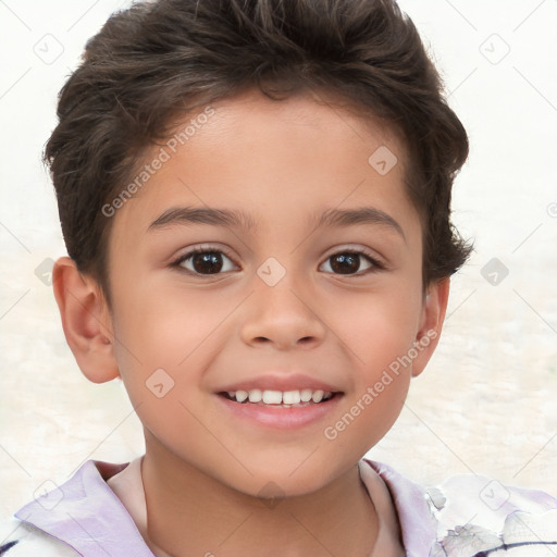 Joyful white child female with short  brown hair and brown eyes