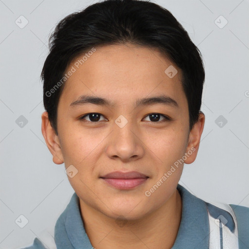 Joyful asian young-adult female with short  brown hair and brown eyes
