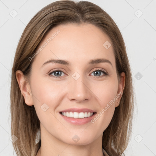 Joyful white young-adult female with long  brown hair and grey eyes