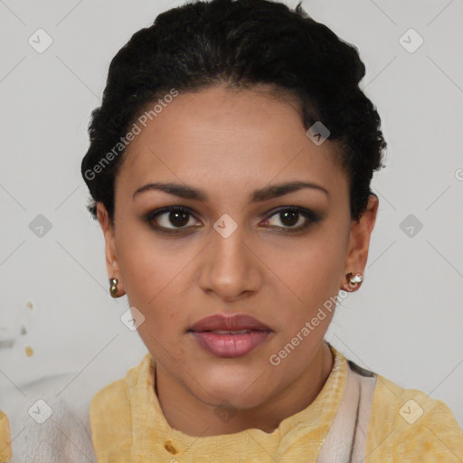 Joyful asian young-adult female with short  black hair and brown eyes