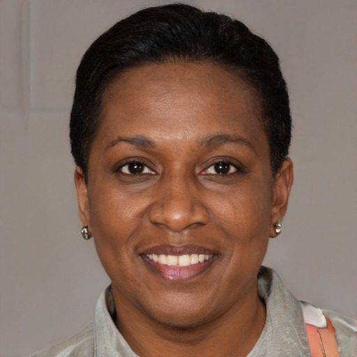 Joyful latino adult female with short  black hair and brown eyes